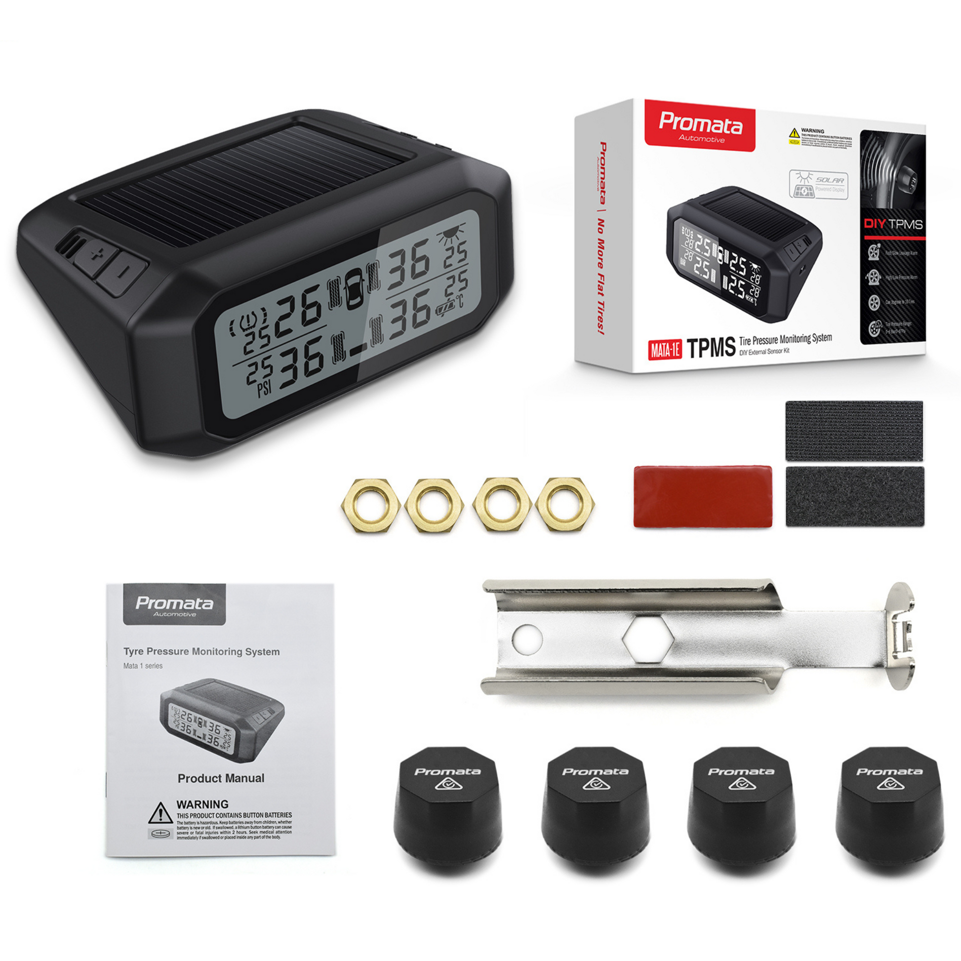 Promata TPMS tyre pressure monitoring system with packaging, tools, and accessories on a white background
