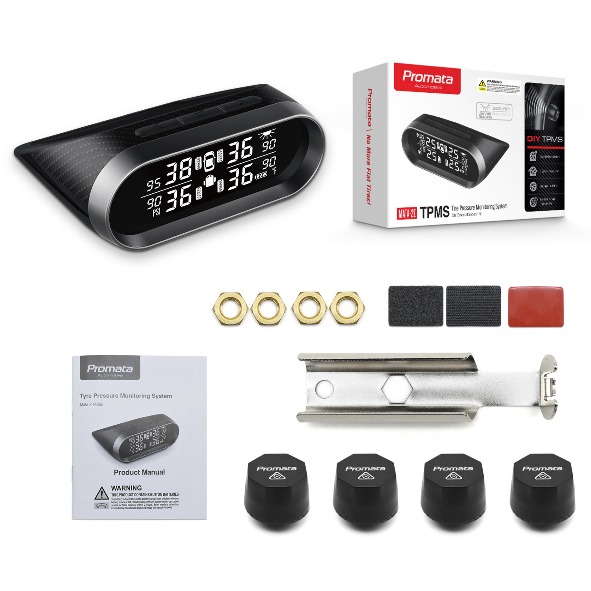 Promata TPMS tyre pressure monitoring system with accessories on a white background