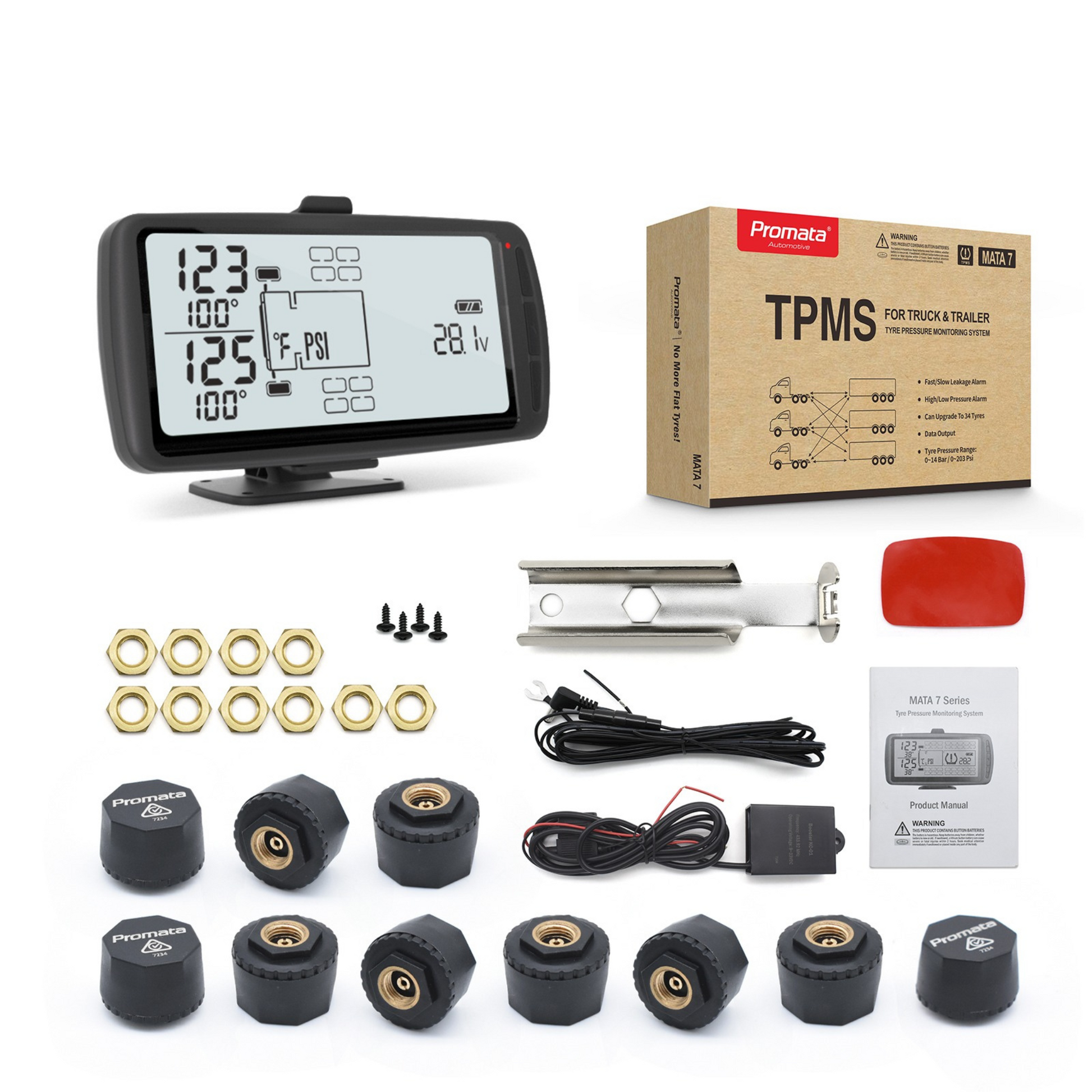 Promata TPMS (Tire Pressure Monitoring System) kit with components on a white background