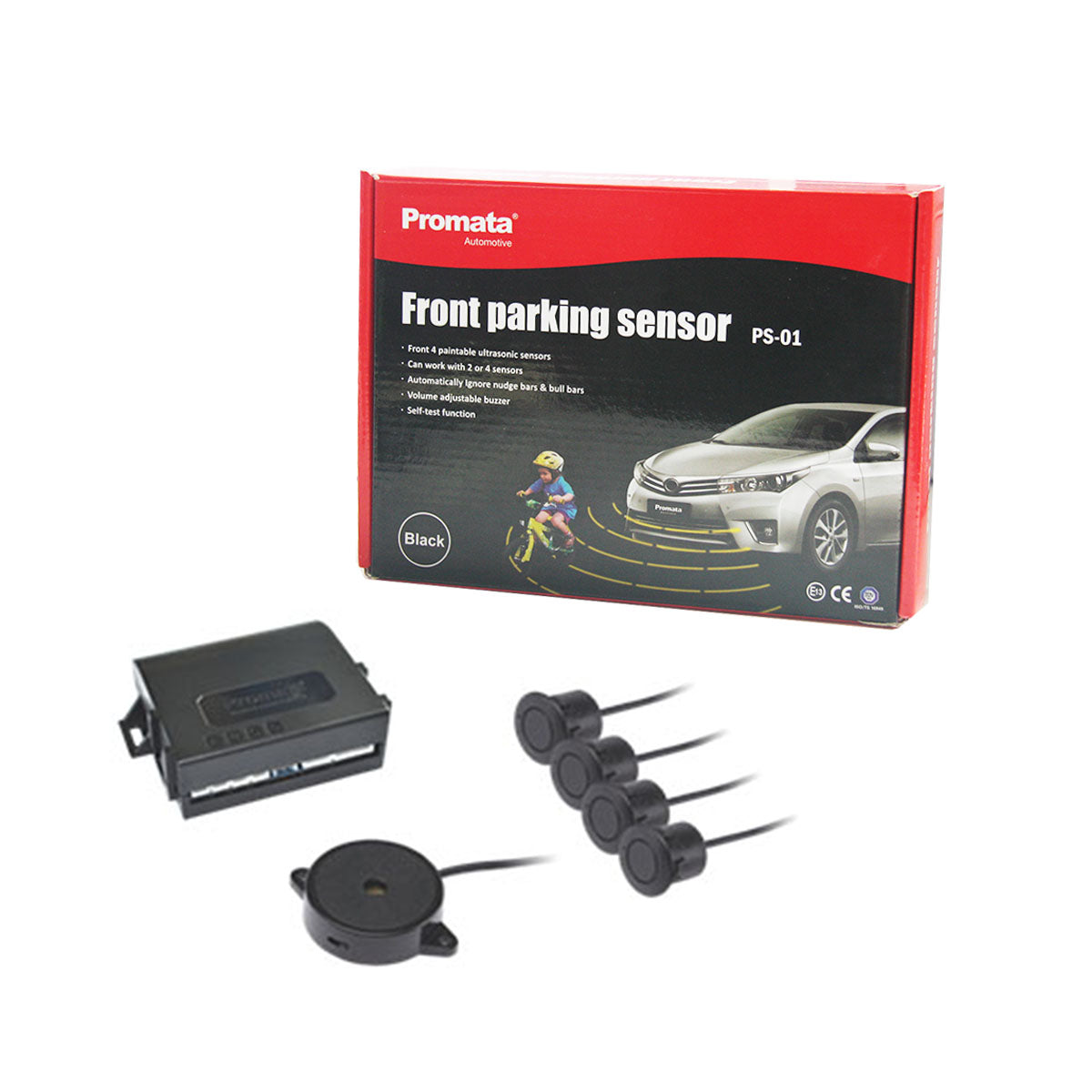 PS-01 Front Parking Sensor, includes a hub, 4 sensors and a buzzer. Does not show wires and holesaw for installation.