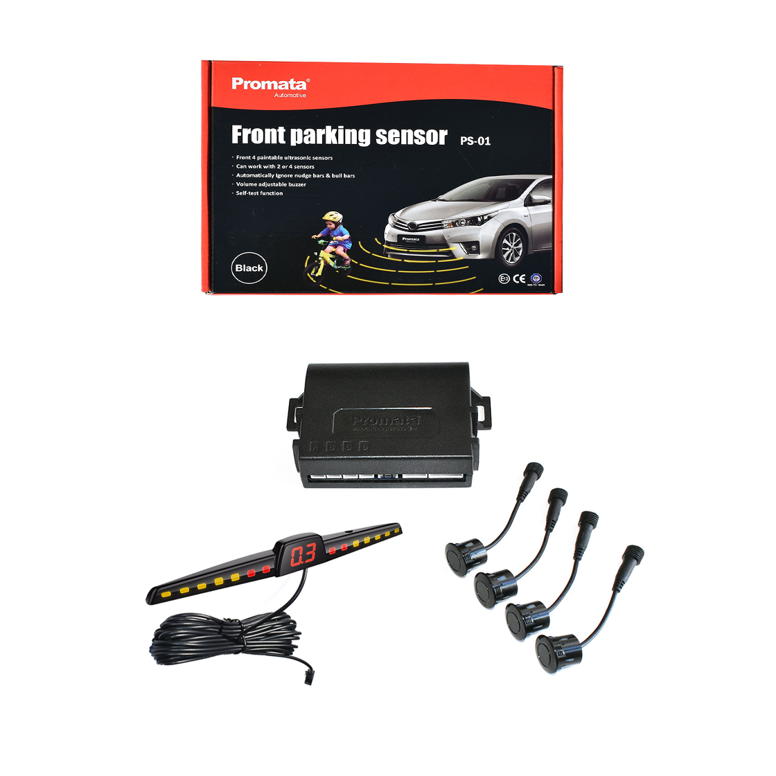 PS-01D2 Front Parking Sensor, includes a hub, 4 sensors and a display. Does not show included wires and holesaw for installation.