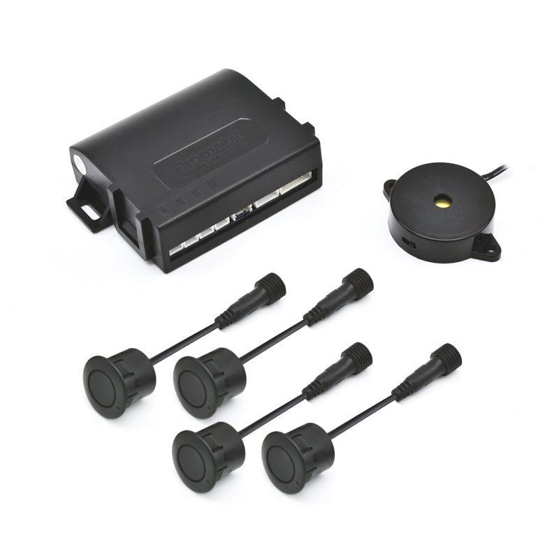 Black PS-01 Contents, includes Hub, Buzzer, and Sensors. Does not include wires and holesaw for installation.