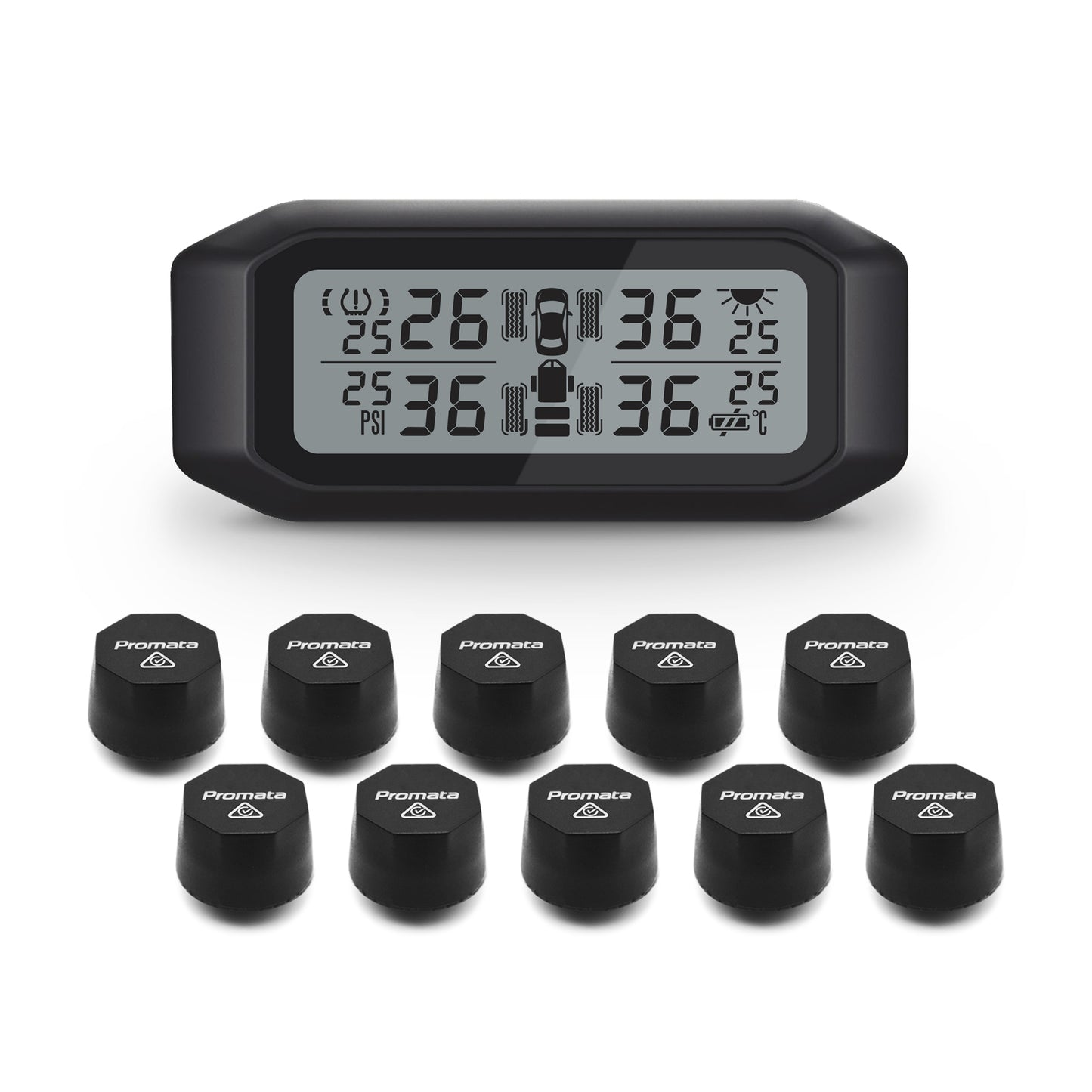 Promata Mata 1E TPMS - 10 external sensors for 4WDs and dual axle trailers and spare tyres.