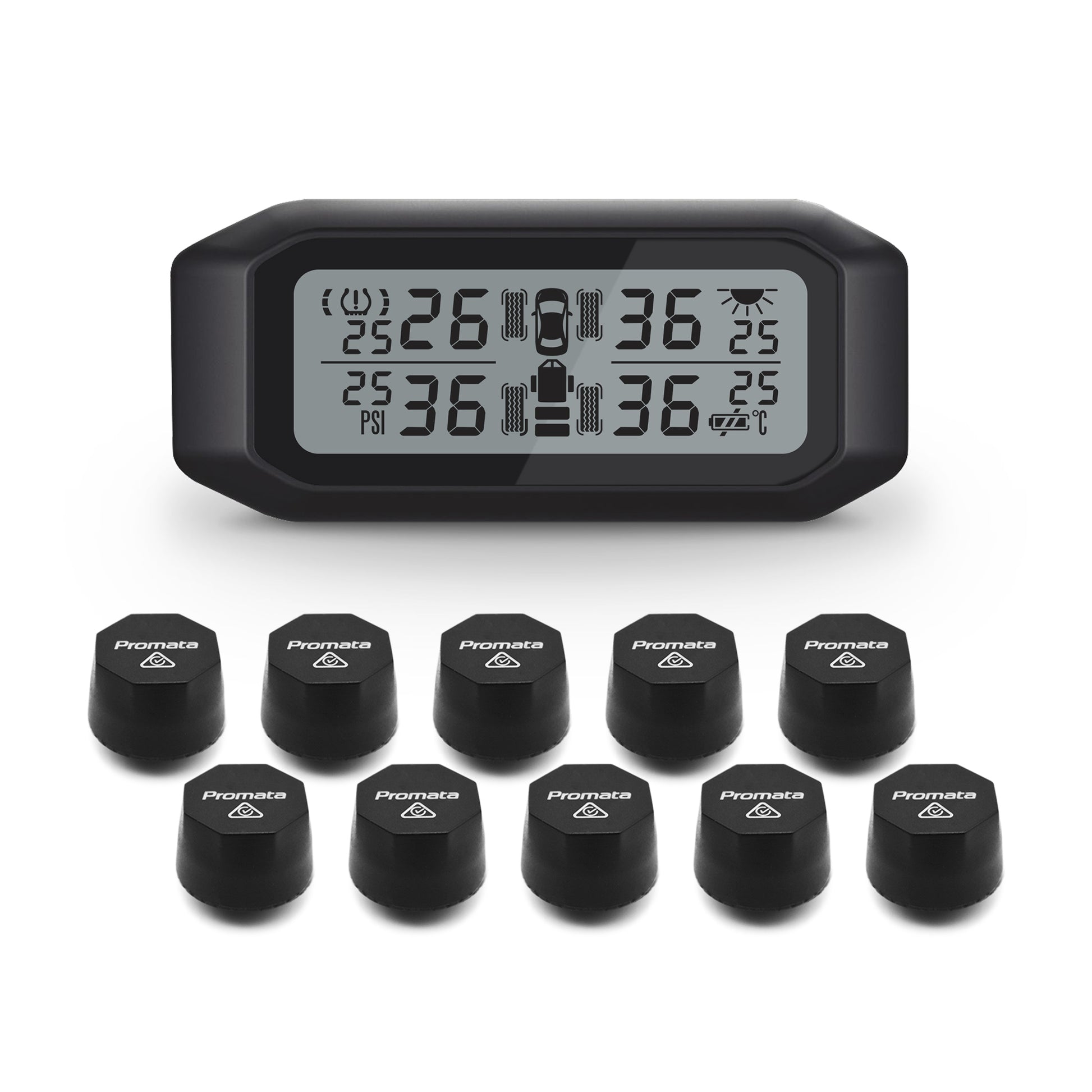 Promata Mata 1E TPMS - 10 external sensors for 4WDs and dual axle trailers and spare tyres.