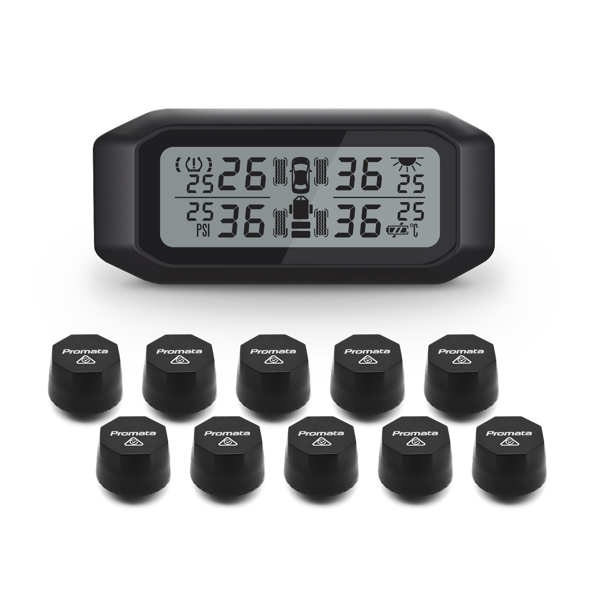 Promata Mata 1E TPMS - 10 external sensors for 4WDs and dual axle trailers and spare tyres.