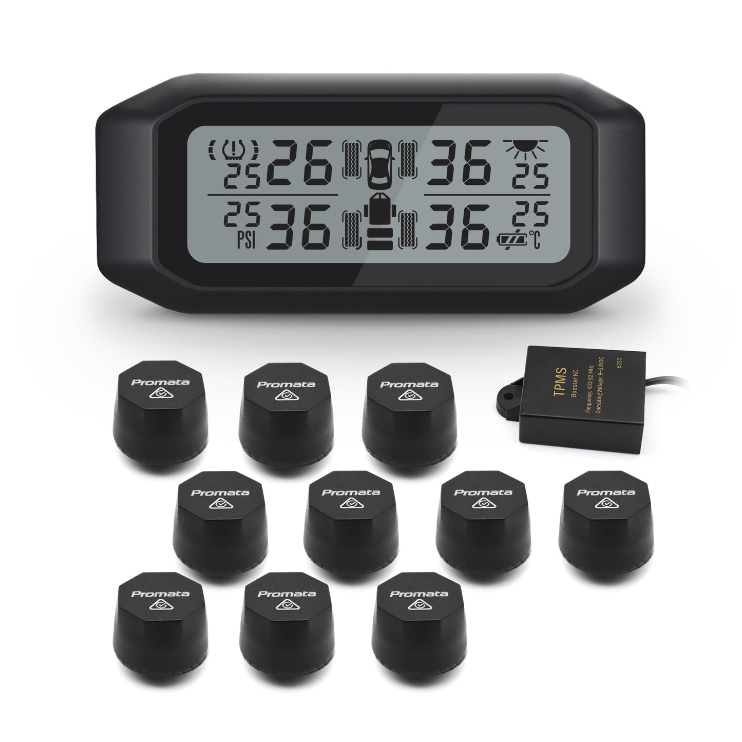 Promata Mata 1E TPMS - 10 external sensors and signal booster for 4WDs and dual axle trailers and spare tyres.