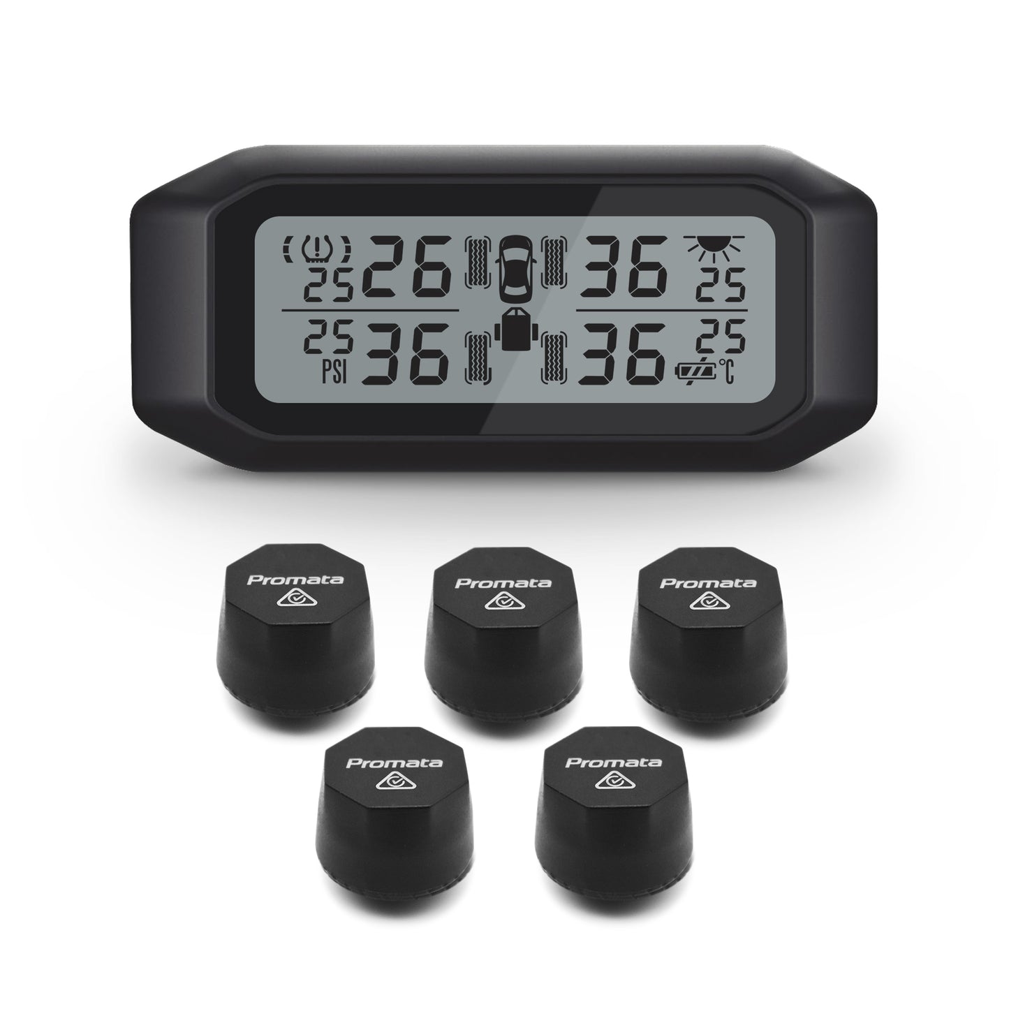 Promata Mata 1E TPMS - 5 external sensors for cars & 4WDs with a spare tyre.