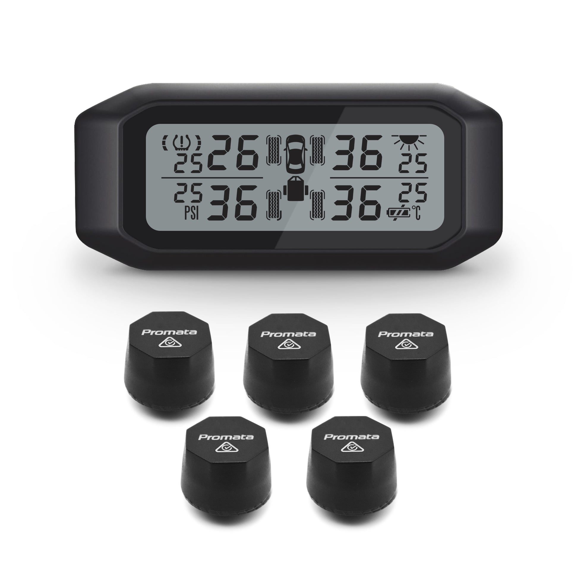 Promata Mata 1E TPMS - 5 external sensors for cars & 4WDs with a spare tyre.