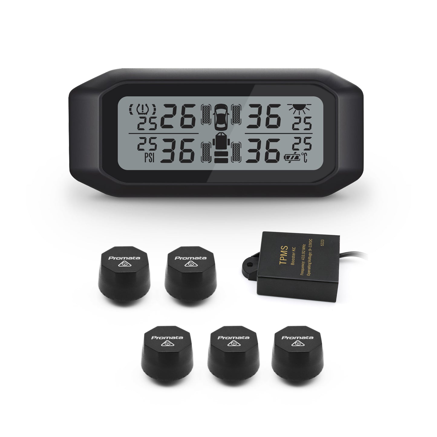 Promata Mata 1E TPMS - 5 external sensors and signal booster for cars & 4WDs with a spare tyre.