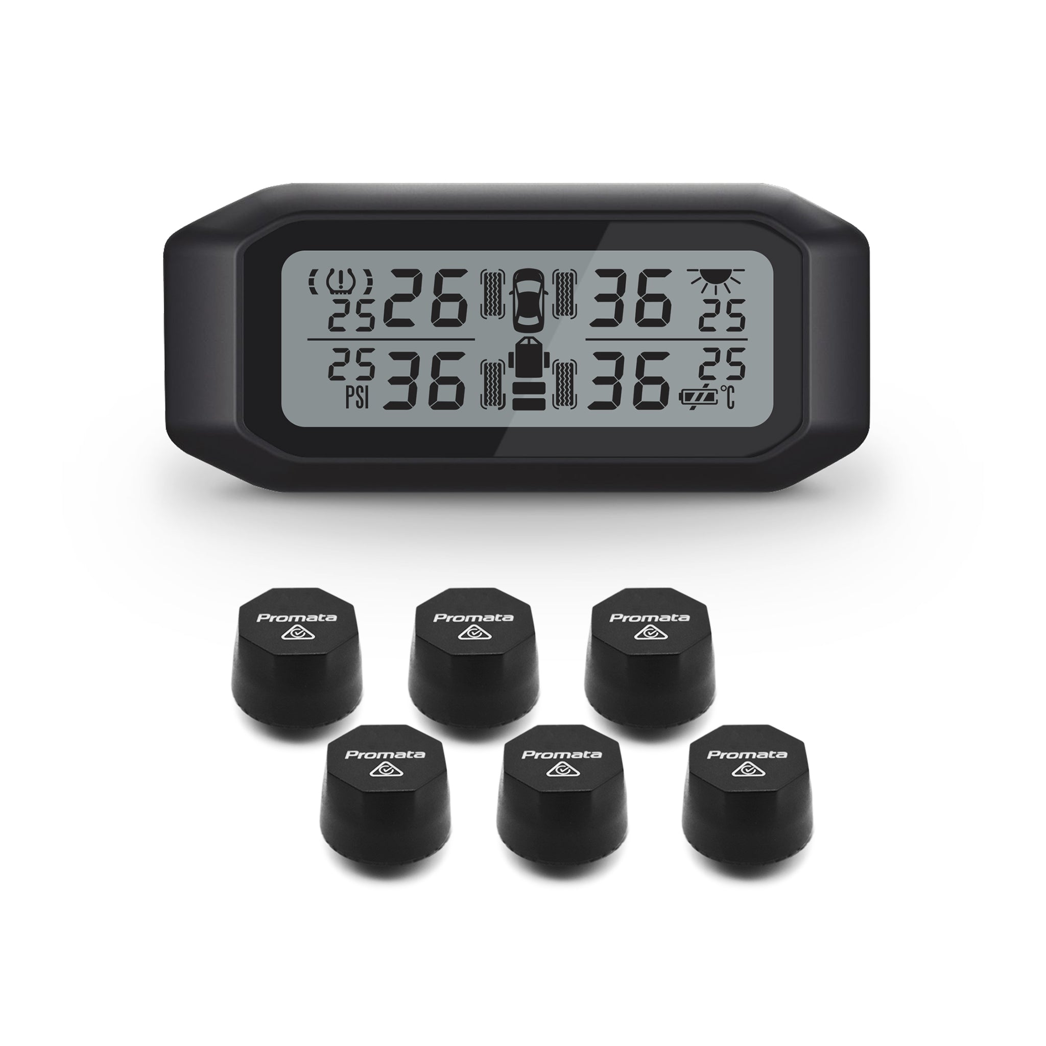 Promata Mata 1E TPMS - 6 external sensors for 4WDs and single axle trailers.