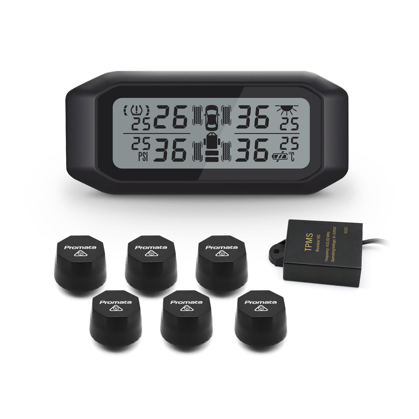 Promata Mata 1E TPMS - 6 external sensors and signal booster for 4WDs and single axle trailers.
